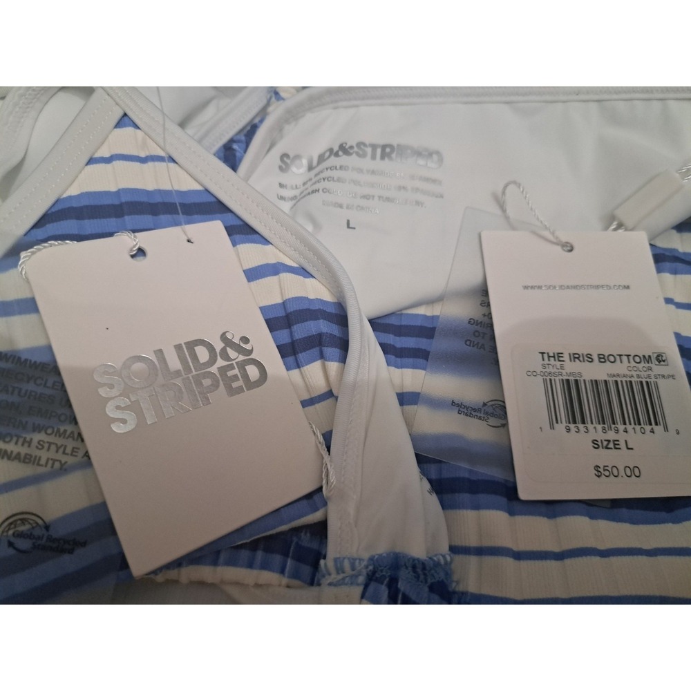SOLID & STRIPED Bikini Set Size Large Blue White Striped The Iris Top Bottom - Picture 8 of 8